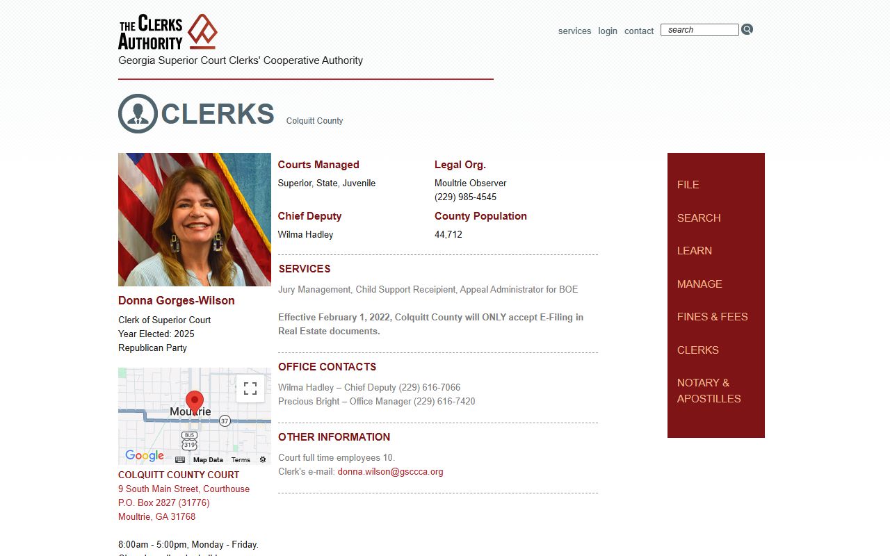 GSCCCA profile page for the Colquitt County Clerk of Superior Court