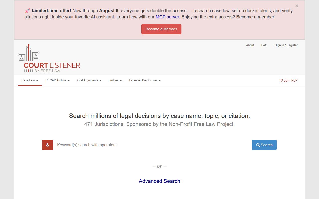CourtListener legal research website for opinions and docket information
