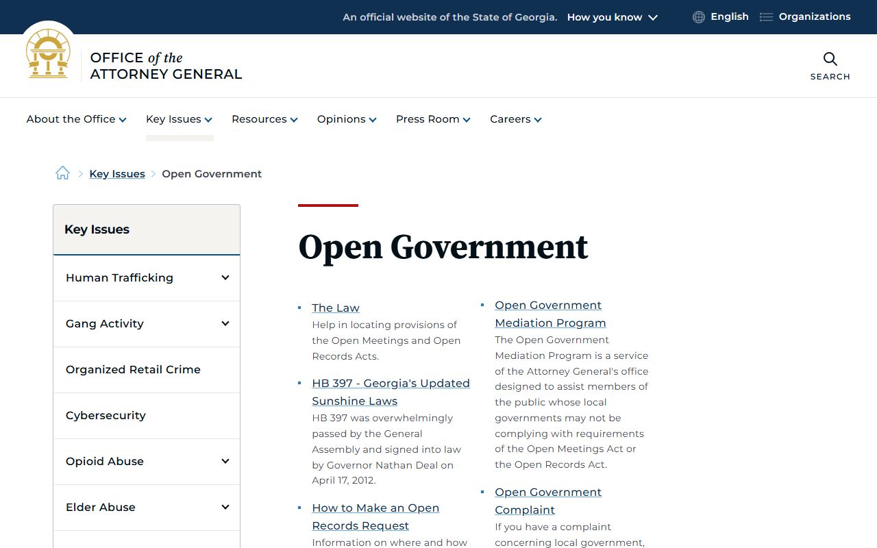 Georgia Attorney General open government page for public records guidance