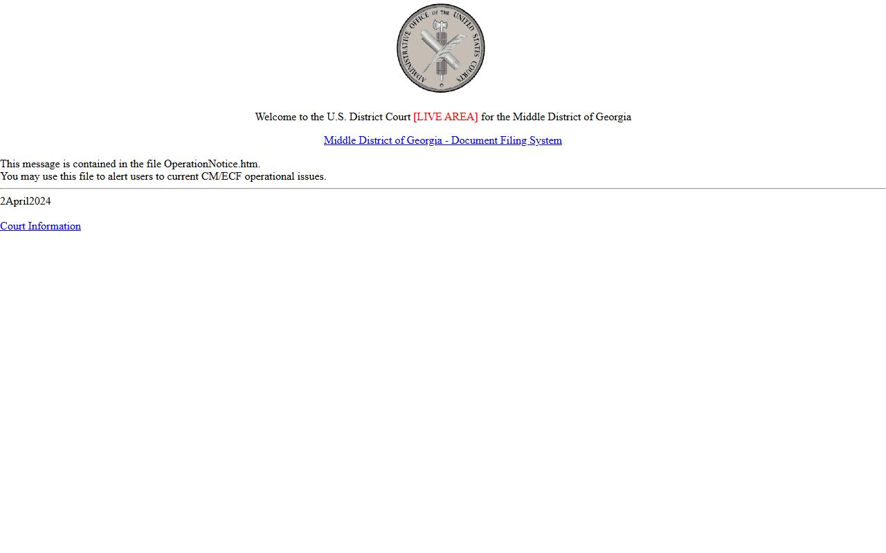 Middle District of Georgia CM ECF federal filing and docket access page