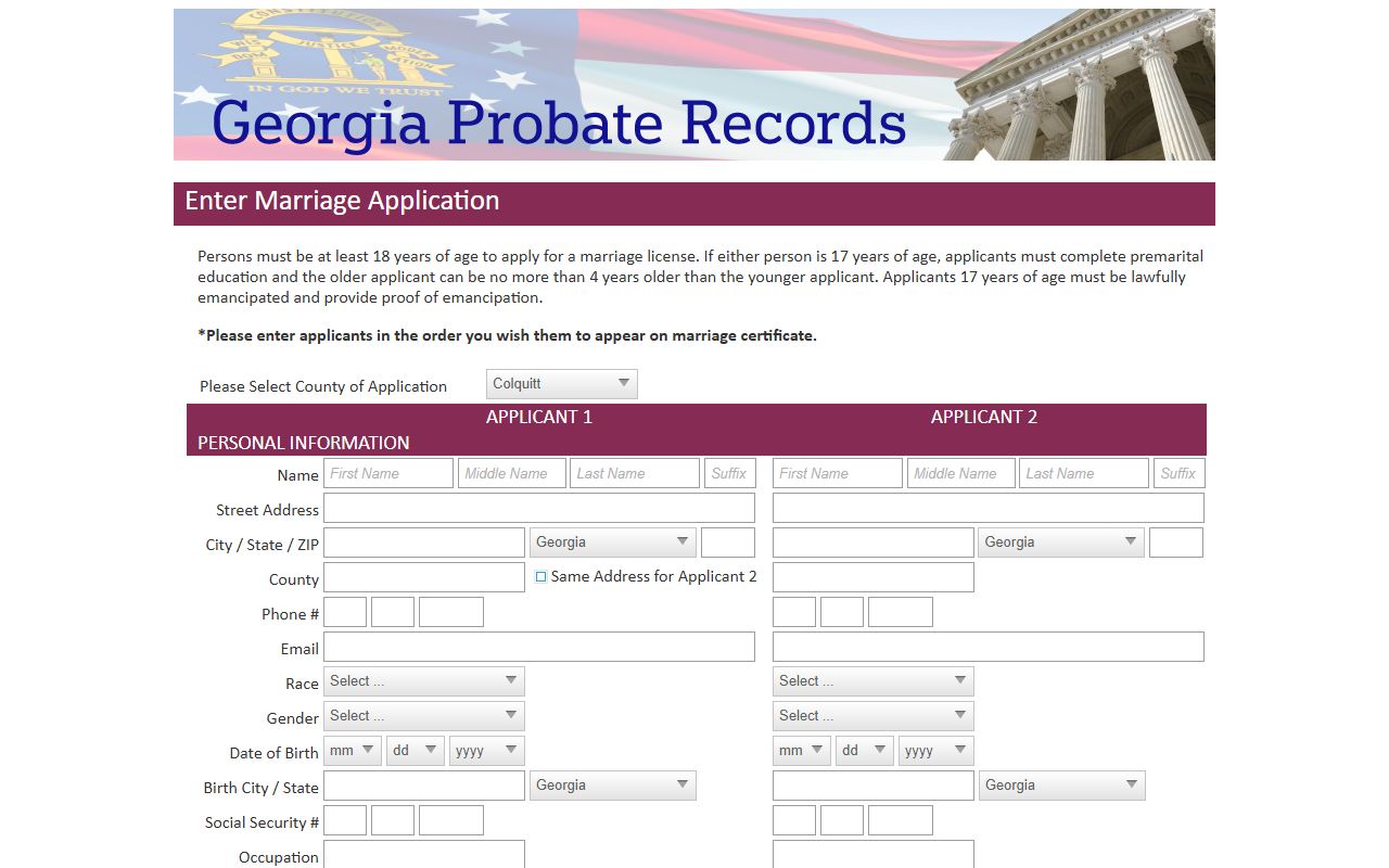Georgia Probate Records marriage license application page for Colquitt County