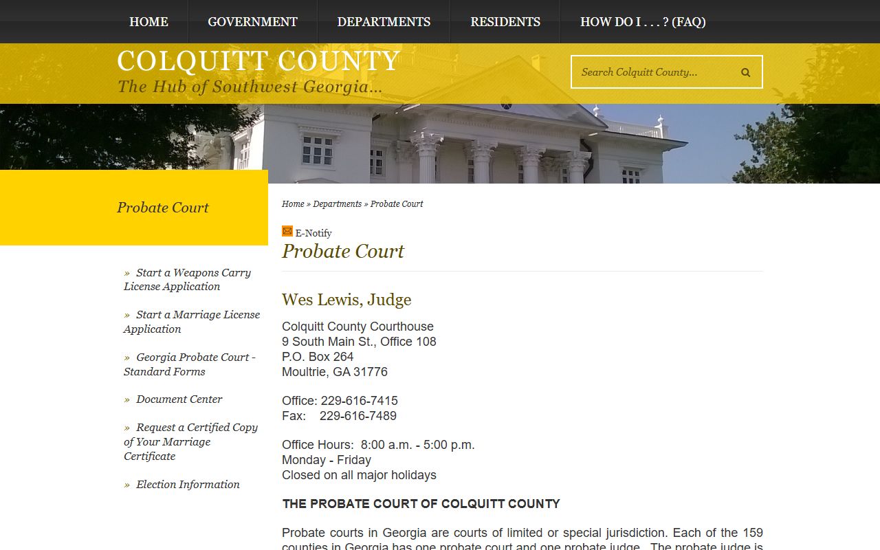 Official Colquitt County Probate Court page with probate and application links