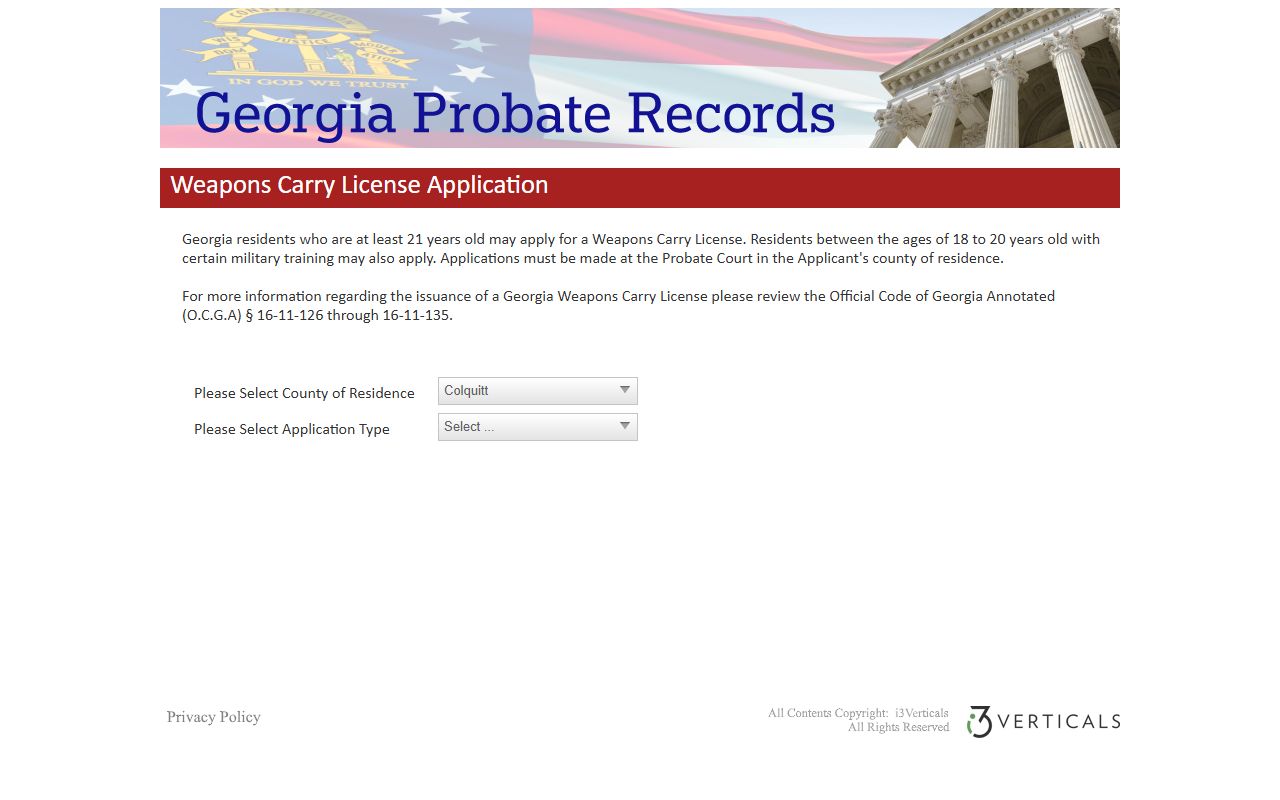 Georgia Probate Records application page linked for Colquitt County Probate Court